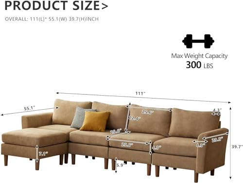 Modular U-Shaped Sofa with Ottomans, Yellow