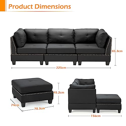 Modern Black L-Shaped 3-Seater Sofa with Footstool