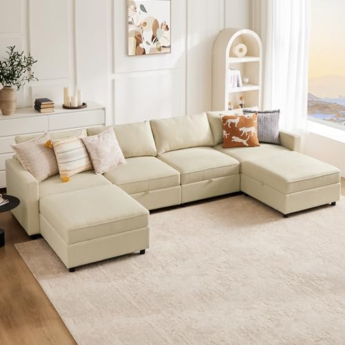 Beige U-Shaped Modular Sectional Sofa with Storage