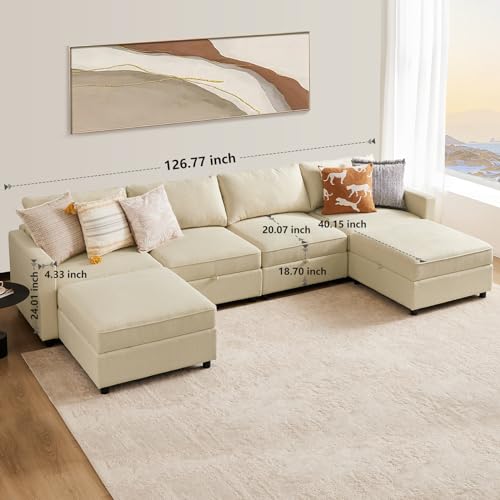 Beige U-Shaped Modular Sectional Sofa with Storage
