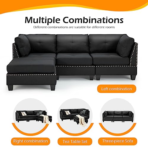 Modern Black L-Shaped 3-Seater Sofa with Footstool