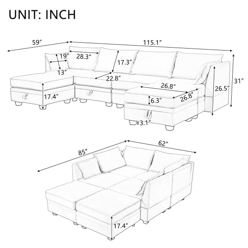 Oversized Modern U-Shape Sofa, Dark Grey Sectional