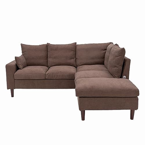 Brown Linen L-Shaped Sectional Sofa with USB Port