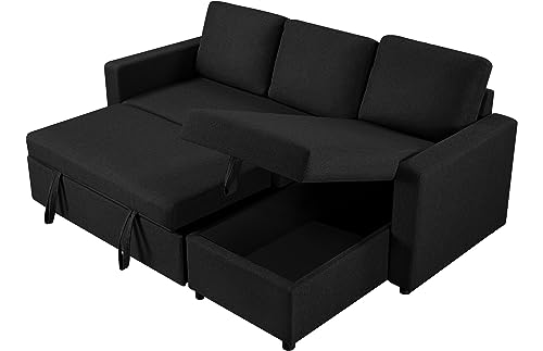 L-Shaped Convertible Sofa Bed with Storage, Black