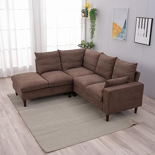 Brown Linen L-Shaped Sectional Sofa with USB Port