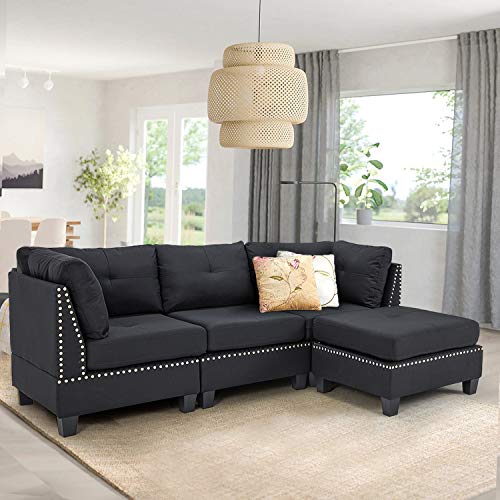 Modern Black L-Shaped 3-Seater Sofa with Footstool
