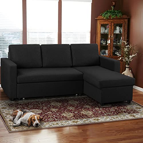 L-Shaped Convertible Sofa Bed with Storage, Black