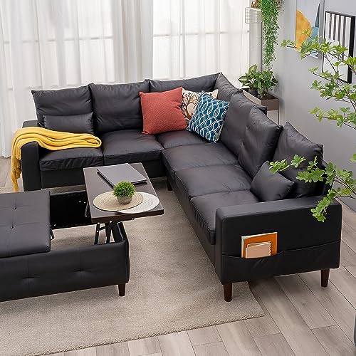 Panana Modern L-Shape Black Faux Leather Sofa
