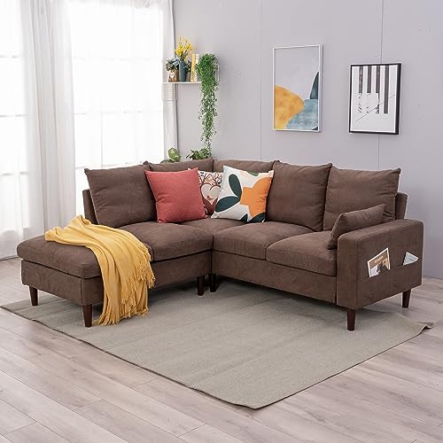 Brown Linen L-Shaped Sectional Sofa with USB Port