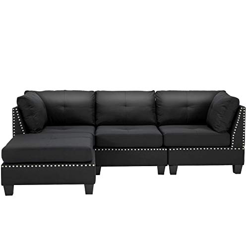 Modern Black L-Shaped 3-Seater Sofa with Footstool