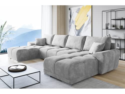 Velvet U-Shaped Corner Sofa with Storage - Light Grey
