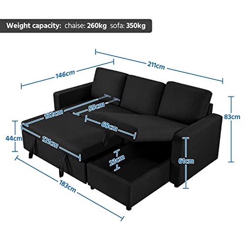 L-Shaped Convertible Sofa Bed with Storage, Black