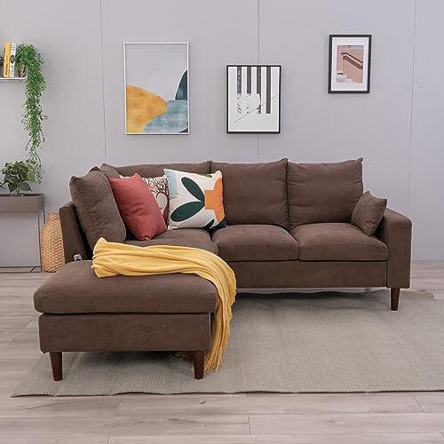 Brown Linen L-Shaped Sectional Sofa with USB Port