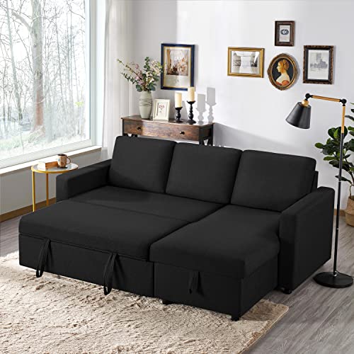 L-Shaped Convertible Sofa Bed with Storage, Black