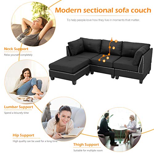 Modern Black L-Shaped 3-Seater Sofa with Footstool
