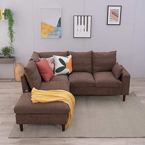 Brown Linen L-Shaped Sectional Sofa with USB Port