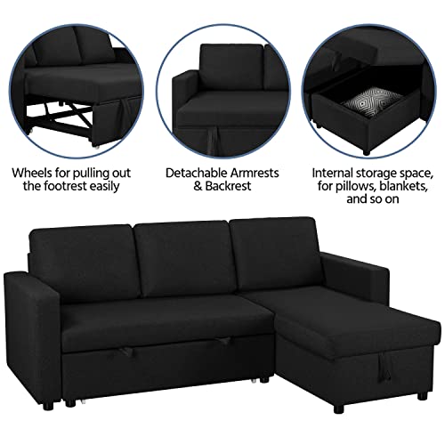 L-Shaped Convertible Sofa Bed with Storage, Black