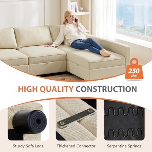 Beige U-Shaped Modular Sectional Sofa with Storage