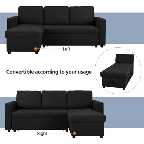L-Shaped Convertible Sofa Bed with Storage, Black