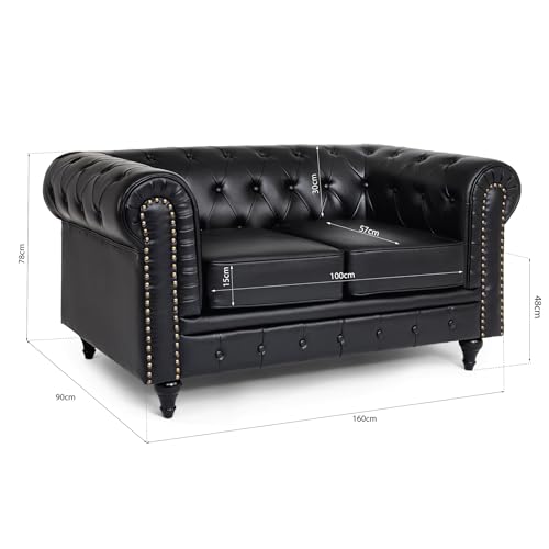Bravich Black Leather Chesterfield 2-Seater Sofa