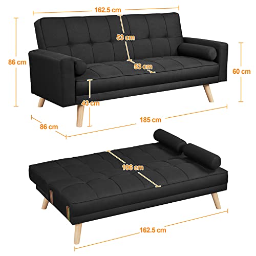 Yaheetech Modern Black 3-Seater Sofa Bed
