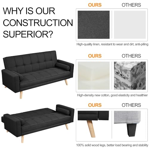 Yaheetech Modern Black 3-Seater Sofa Bed