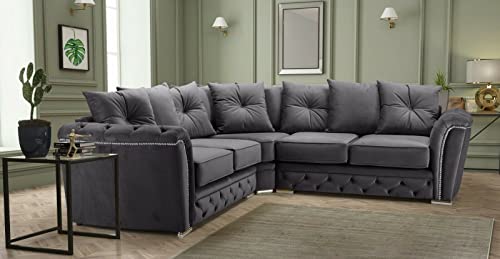 Dark Grey Plush Fabric Corner Sofa Set