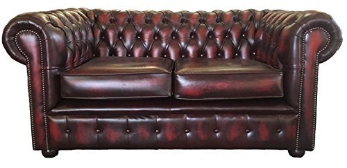Antique Oxblood Red Leather Chesterfield Two Seater