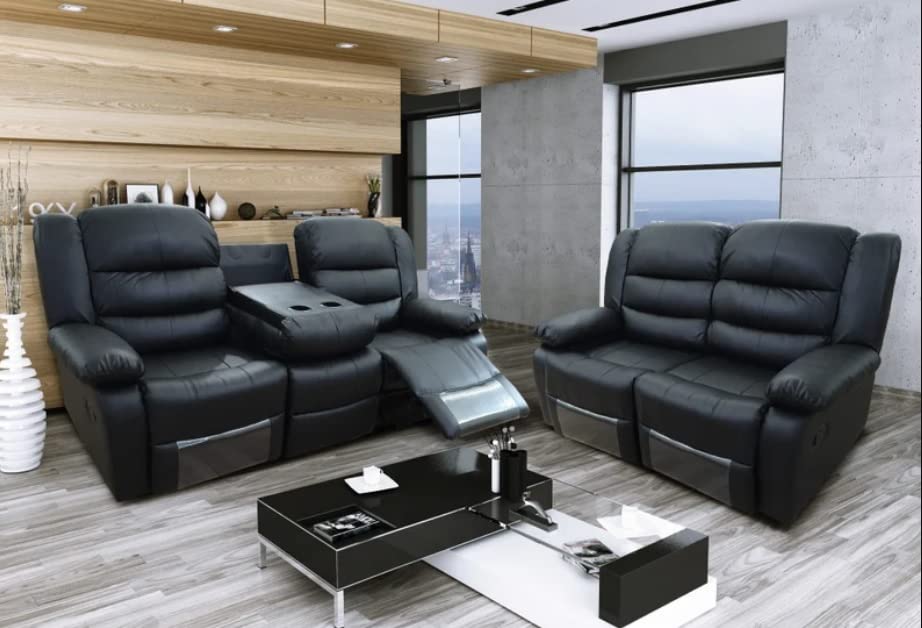 Roma Black Leather Recliner Sofa with Cupholders