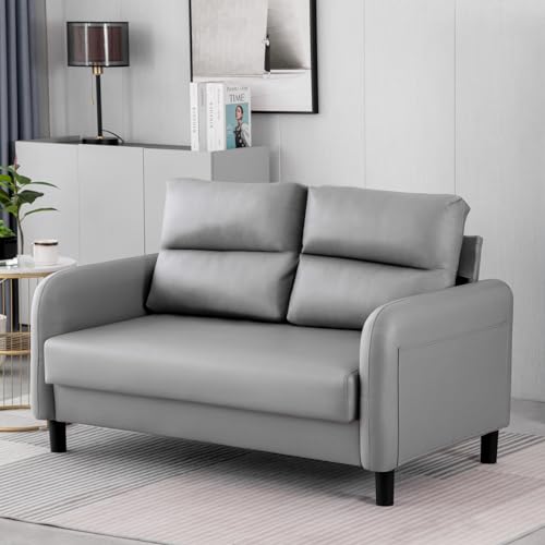Modern Grey Leather 2-Seater Loveseat Couch