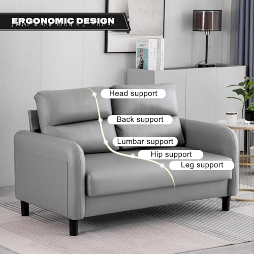 Modern Grey Leather 2-Seater Loveseat Couch