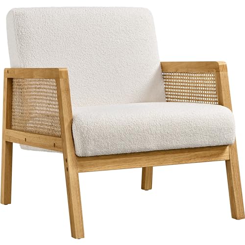 Ivory Boucle Fabric Accent Chair with Rattan Sides