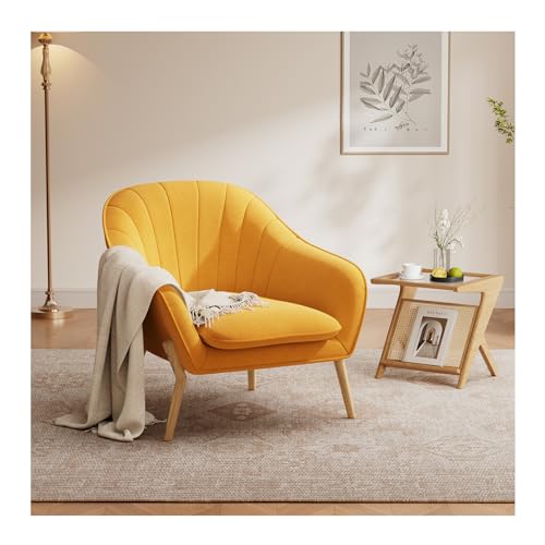 Yellow Modern Suede Tub Armchair with Wood Legs