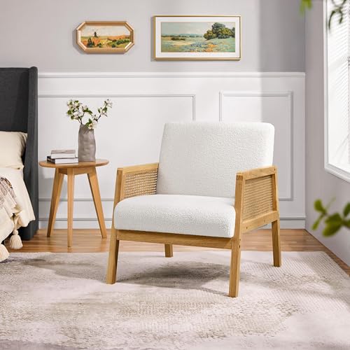 Ivory Boucle Fabric Accent Chair with Rattan Sides