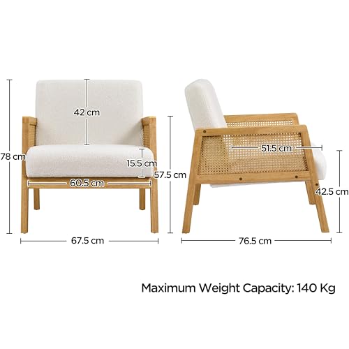 Ivory Boucle Fabric Accent Chair with Rattan Sides