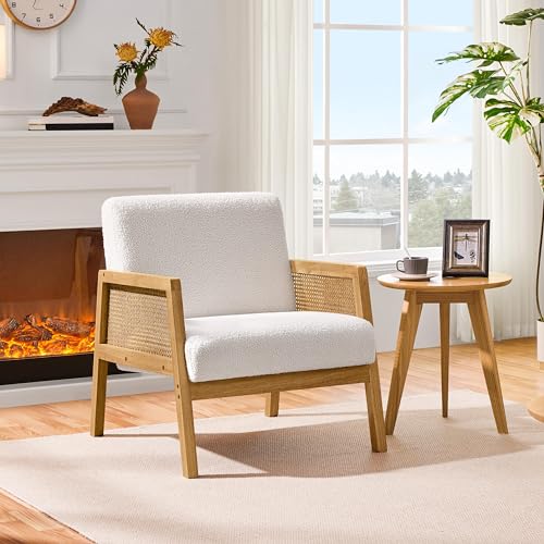 Ivory Boucle Fabric Accent Chair with Rattan Sides