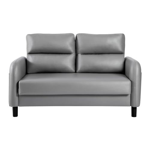 Modern Grey Leather 2-Seater Loveseat Couch