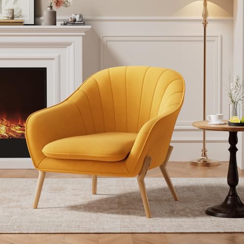 Yellow Modern Suede Tub Armchair with Wood Legs