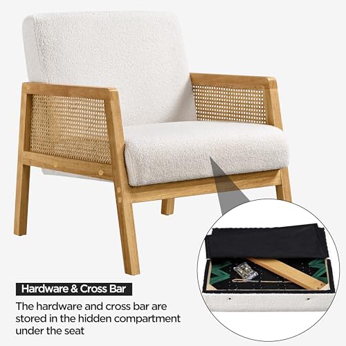 Ivory Boucle Fabric Accent Chair with Rattan Sides
