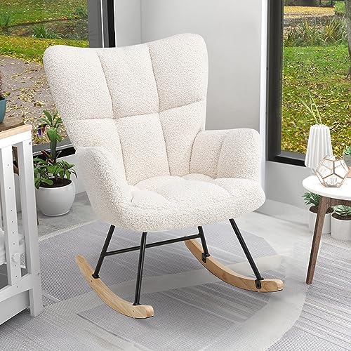INMOZATA Teddy Fabric Rocking Chair - Ivory White