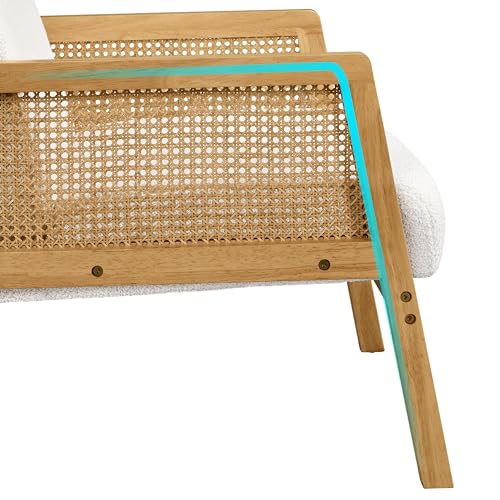 Ivory Boucle Fabric Accent Chair with Rattan Sides