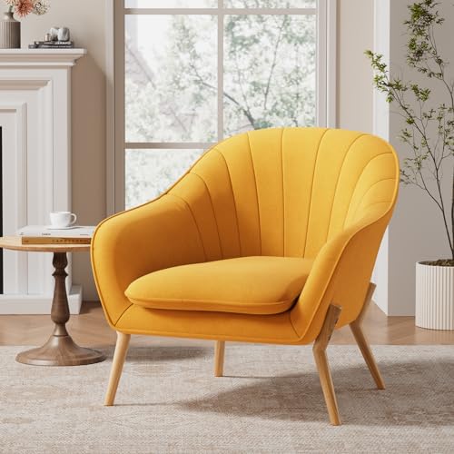 Yellow Modern Suede Tub Armchair with Wood Legs