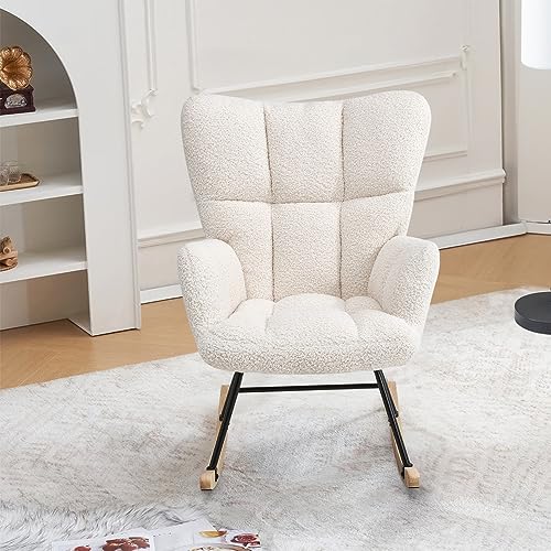 INMOZATA Teddy Fabric Rocking Chair - Ivory White