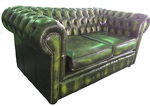 Antique Green Leather Two-Seater Chesterfield Sofa