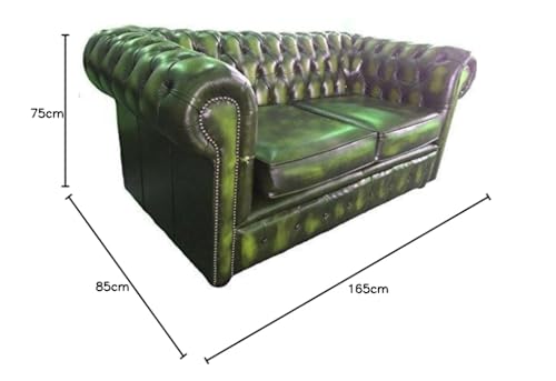 Antique Green Leather Two-Seater Chesterfield Sofa