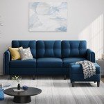 Reversible Blue Velvet L-Shaped Sectional Sofa
