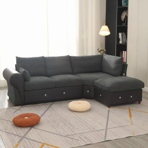 Dark Gray Linen Sofa & Chaise with USB Port