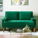 Green Velvet 2-Seater Sofa with Wood Legs