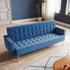 Zanofira Blue Velvet 3-Seater Click Clack Sofa