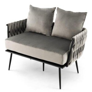 Gray Velvet 2-Seater Loveseat Sofa with Pillows